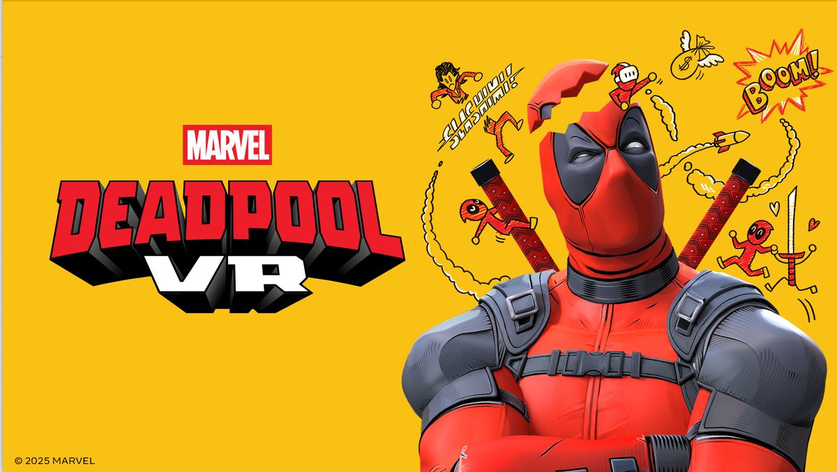 „Marvel's Deadpool VR“ Deadpool verschrenkt die Arme vor der Brust. Sein Kopf ist wie ein Ei aufgeknackt