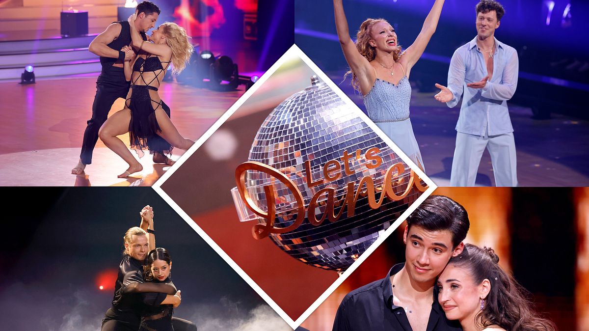Collage: René Casselly, Anna Ermakova, Gabriel Kelly und Diego Pooth in der Show, in der Mitte der Pokal..