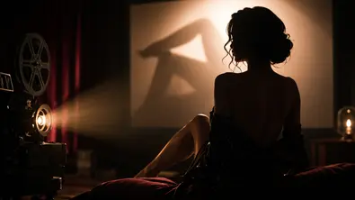 Eine Frau sitzt in einem abgedunkelten Raum vor einer Filmleinwand, während ein alter Filmprojektor eine geheimnisvolle Silhouette auf die Leinwand wirft. - Foto: tvmovie / mit KI erstellt