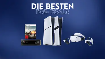 PS5-Produkte vor blauem Hintergrund und PS5-Deals-Schriftzug - Foto: TV Movie