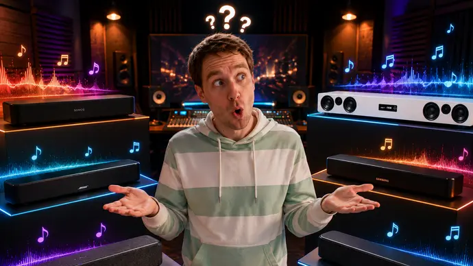 Redakteur Joris Ujen schaut nachdenklich nach zur Seite, umgeben von sechs Soundbars in einem Tonstudio - Foto: TV Movie / Privat / KI-generiert