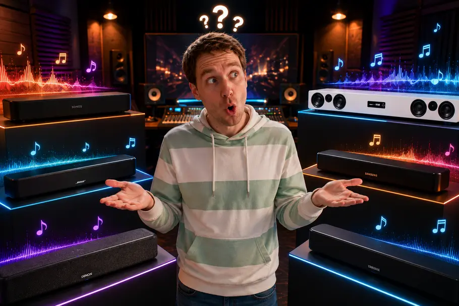 Aufmacherbild beste Soundbar Redakteur Joris Ujen schaut nachdenklich nach zur Seite, umgeben von sechs Soundbars in einem Tonstudio