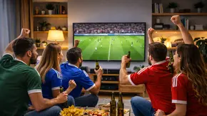 Freunde in Fußballtrikots sitzen gemeinsam im Wohnzimmer und verfolgen gespannt ein Fußballspiel auf einem großen Fernseher. Mit erhobenen Fäusten und guter Stimmung feiern sie eine Spielsituation, während Snacks und Getränke auf dem Couchtisch stehen - Foto: TVM/ChatGPT