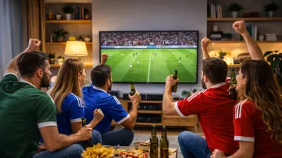 Freunde in Fußballtrikots sitzen gemeinsam im Wohnzimmer und verfolgen gespannt ein Fußballspiel auf einem großen Fernseher. Mit erhobenen Fäusten und guter Stimmung feiern sie eine Spielsituation, während Snacks und Getränke auf dem Couchtisch stehen - Foto: TVM/ChatGPT Freunde in Fußballtrikots sitzen gemeinsam im Wohnzimmer und verfolgen gespannt ein Fußballspiel auf einem großen Fernseher. Mit erhobenen Fäusten und guter Stimmung feiern sie eine Spielsituation, während Snacks und Getränke auf dem Couchtisch stehen - Foto: TVM/ChatGPT