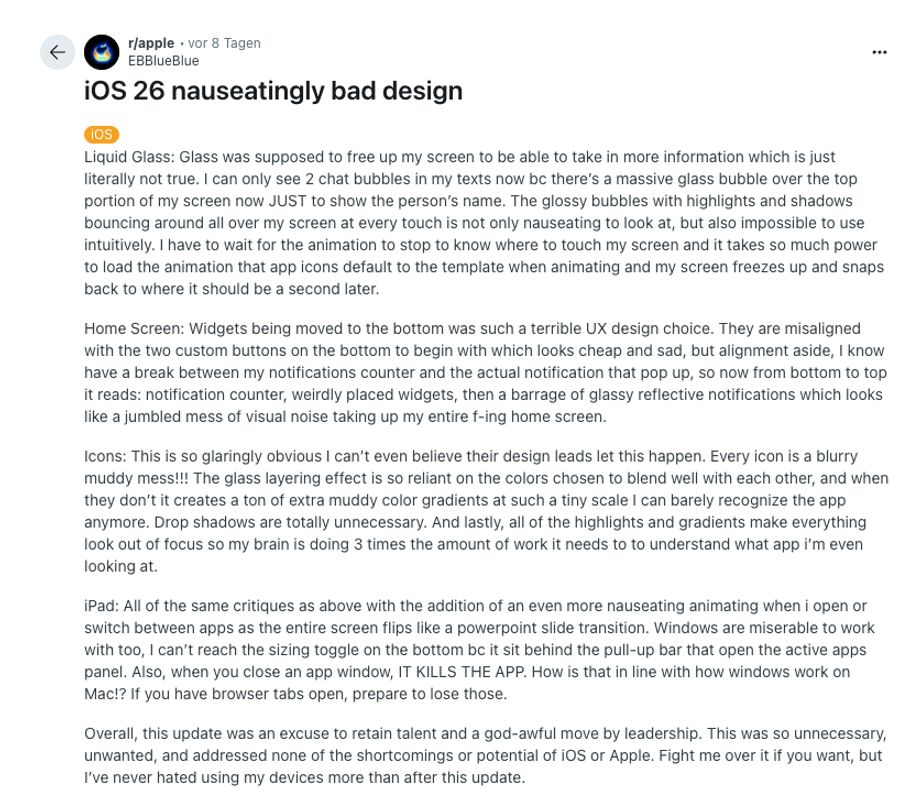User*in „EBBlueBlue“erklärt ihre Probleme mit dem neuesten Apple Update.