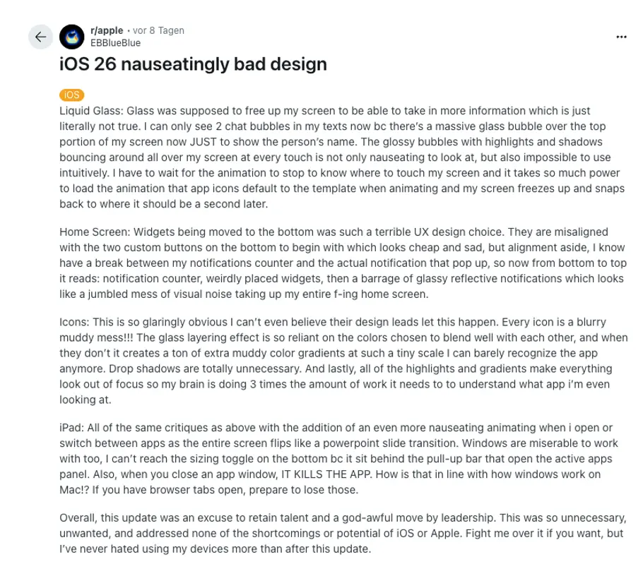 User*in „EBBlueBlue“erklärt ihre Probleme mit dem neuesten Apple Update.