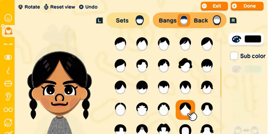 Ein kleines, schwarzhaariges Mii im Editor. 