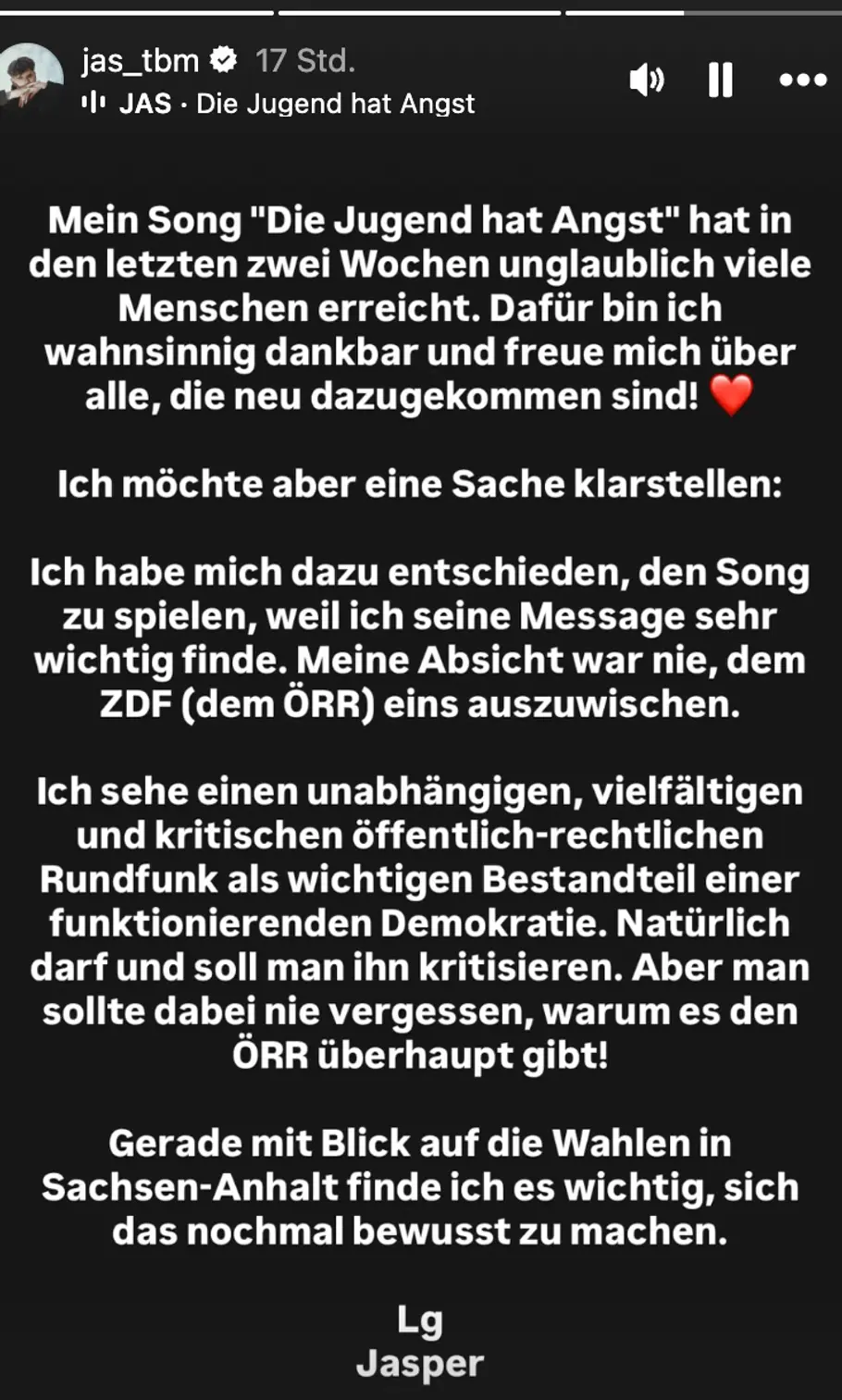 Instagram Story JAS nach Skandal Auftritt im ZDF Morgenmagazin Instagram Story von JAS