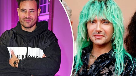 Collage: Marc Eggers lächelnd mit verschränkten Armen, Bill Kaulitz in schwarz mit grünem Haar. - Foto: IMAGO / Gartner / PIC ONE