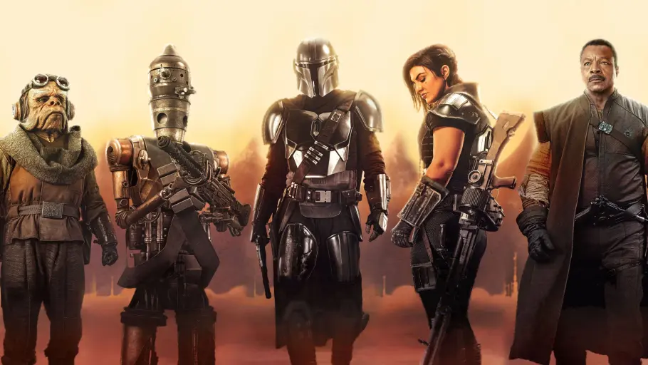 Mando in der Mitte, neben ihm Cara Dune und andere Figuren aus der Serie.