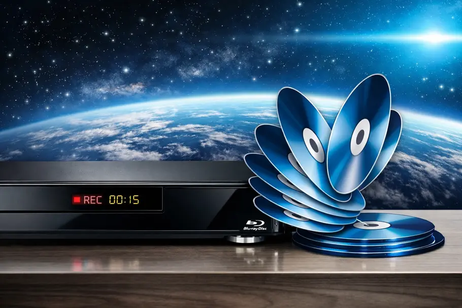 Blu-ray-Recorder Ein Blu-ray-Recorder mit Blu-rays daneben