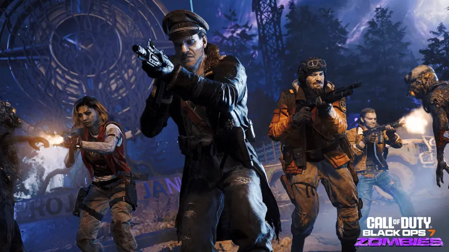 Call of Duty: Black Ops 7 Zombies Der Zombie Modus von Netflix zeigt mehrere bewaffnete Figuren vor einem düsteren Hintergrund