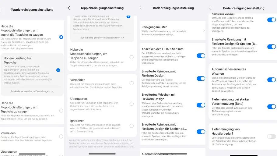 Die Boden- und Teppichreinigungseinstellungen des Roborock Qrevo CurvX in der App.