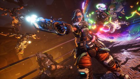 Eine stilisierte Borderlands-Figur hält eine Waffe in der rechten Hand mit dr sie schießt, mit der linken Hand betätigt sie einen bunten runden Schild - Foto: 2K Games / Gearbox