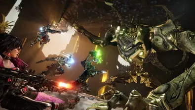Ein Screenshot aus Borderlands 4 zegt den Vault Hunter in einem bunten Kampf gegen einen Endboss! - Foto: Gearbox