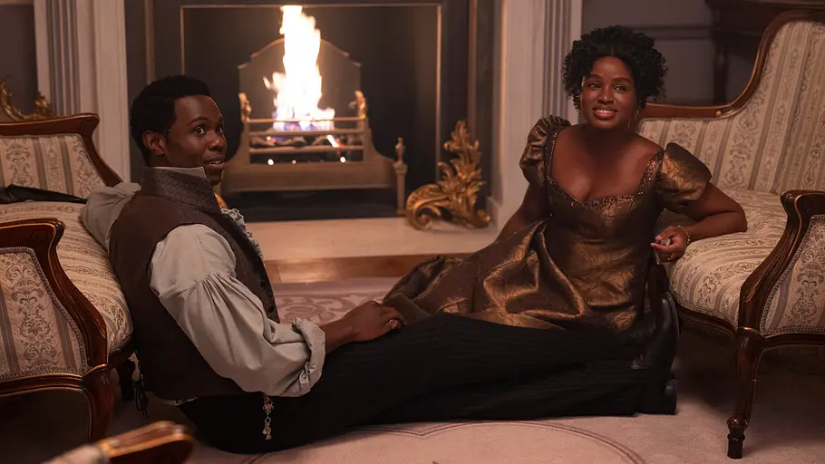 Francescas Ehemann John Stirling (Victor Alli) und seine Cousine Michaela (Masali Baduza) in Staffel 4 von „Bridgerton“.