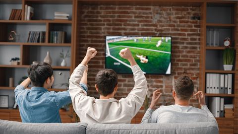 Drei Männer sitzen jubelnd auf der Couch und schauen ein Fußballspiel. - Foto: TVMovie/Canva