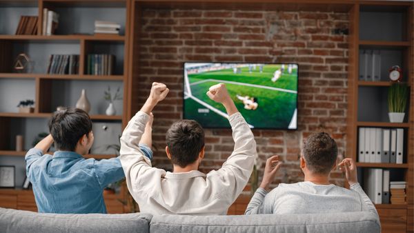 Drei Männer sitzen jubelnd auf der Couch und schauen ein Fußballspiel. - Foto: TVMovie/Canva