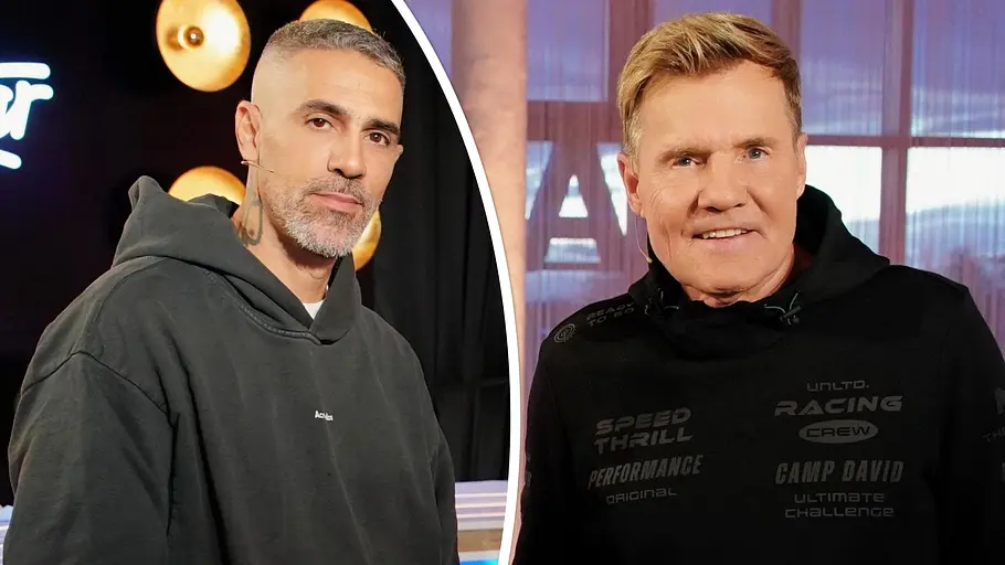 Collage: Links Bushido, rechts Dieter Bohlen vor DSDS-Kulisse. 