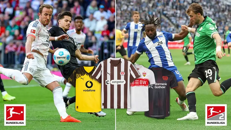 BVB Sky Bundesliga Trikot Deal Zwei Szenen aus der ersten und zweiten Bundesliga sind parallel gestellt. Im Vordergrund sind die Trikots von BVB, St. Pauli, Stuttgart und Leverkusen zu sehen.