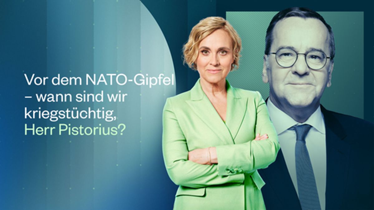 caren Miosga mit Boris Pistorius und im Text die Frage: Vor dem NATO-Gipfel - Wann sind wir kriegstüchtig, Herr Pistorius?