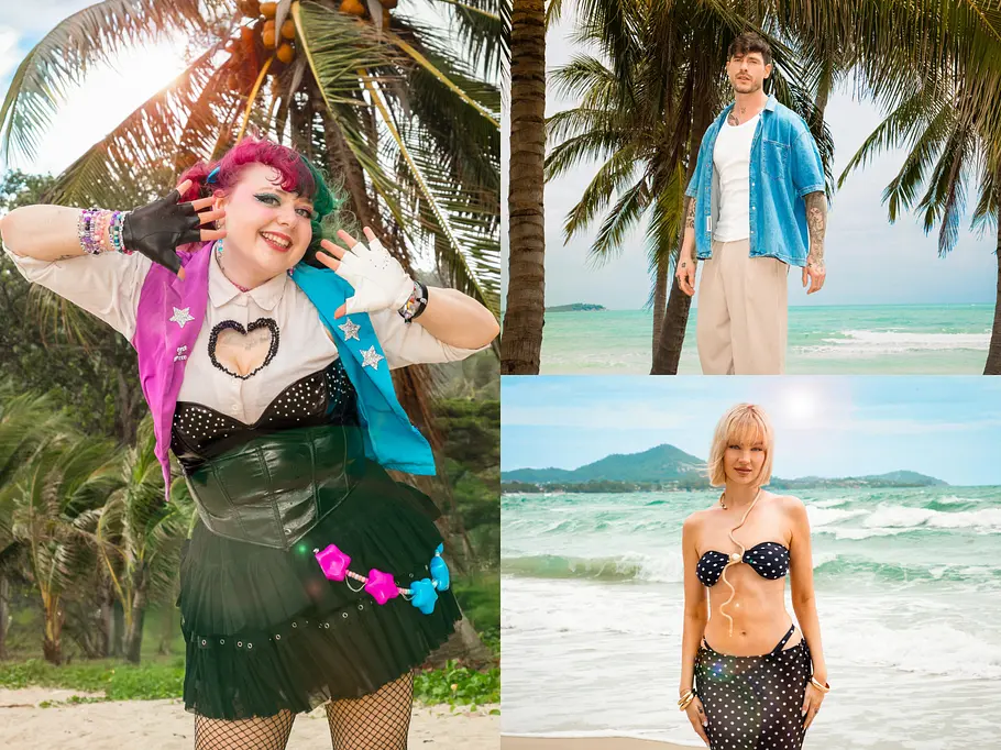 Cartoon-Nerdin Thesi & Angelo Carlucci & Mareike Beluga Links posiert Theresa in buntem Outfit mit Handschuhen und Accessoires vor Palmen, rechts oben steht Angelo in buntem Outfit mit Handschuhen und Accessoires vor Palmen, rechts oben steht Mareike im gepunkteten Bikini am Meer.