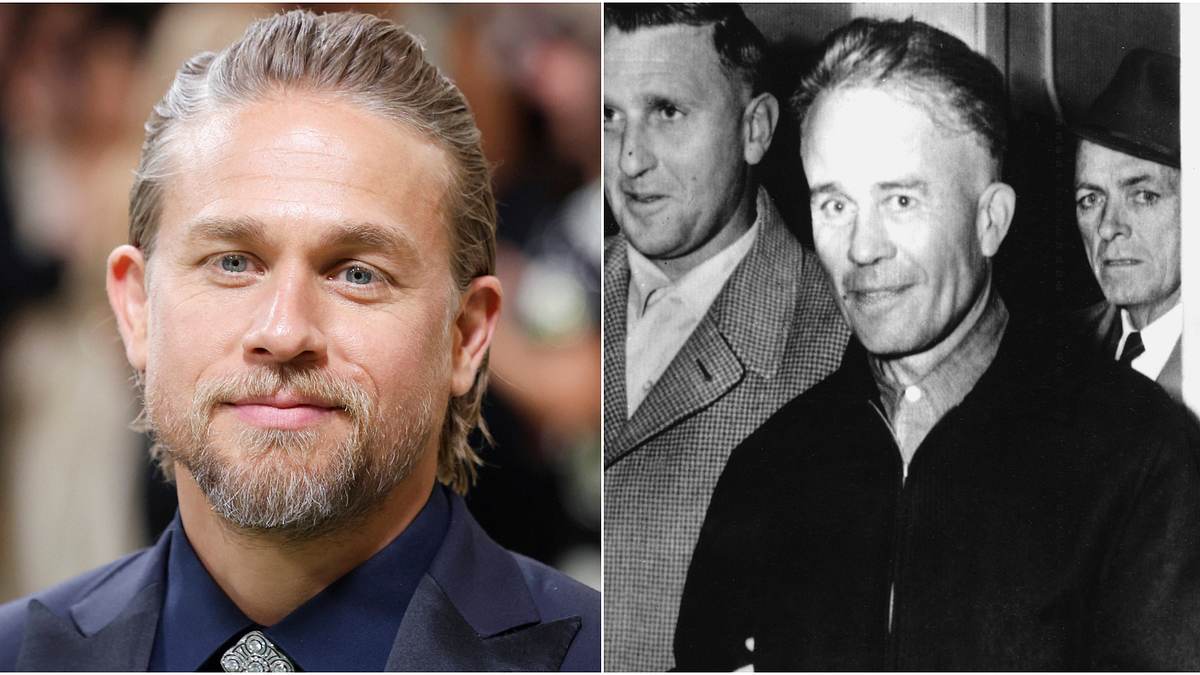 Charlie Hunnam wird in Staffel 3 den Serienmörder Ed Gein darstellen. Links im Bild: Schauspieler Charlie Hunnam auf dem roten Teppich. Rechts im Bild: Serienmörder Ed Gein wird abgeführt, er lächelt in die Kamera.