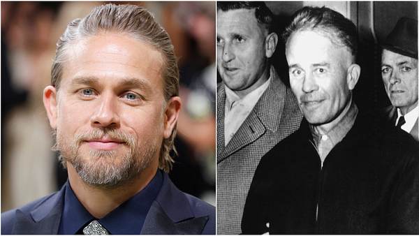 Links im Bild: Schauspieler Charlie Hunnam auf dem roten Teppich. Rechts im Bild: Serienmörder Ed Gein wird abgeführt, er lächelt in die Kamera. - Foto: IMAGO / UPI Photo / United Archives International