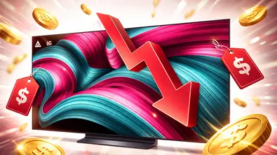 Großer moderner OLED-Fernseher mit farbintensivem Display, umgeben von Symbolen für sinkende Preise wie fallende Münzen, Rabatt-Tags und einen nach unten gerichteten Pfeil. - Foto: TVMovie/ChatGPT