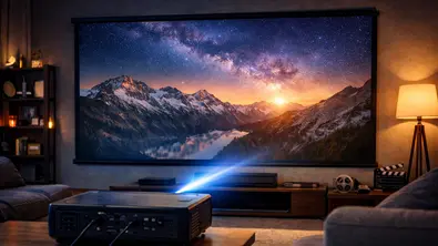 Ein Beamer in einem Wohnzimmer spielt das Bild auf eine Leinwand. - Foto: tvmovie/chatGPT