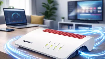 Blitzschnelles Internet für zuhause: Eine Fritzbox im Wohnzimmer, umgeben von leuchtenden Glasfaser-Linien, die hohe Geschwindigkeit und maximale Leistung symbolisieren. - Foto: TVM/ChatGPT Blitzschnelles Internet für zuhause: Eine Fritzbox im Wohnzimmer, umgeben von leuchtenden Glasfaser-Linien, die hohe Geschwindigkeit und maximale Leistung symbolisieren. - Foto: TVM/ChatGPT