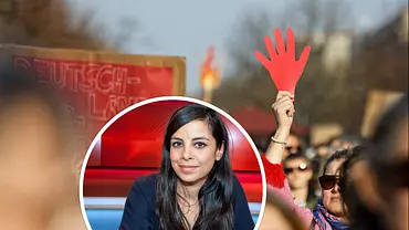 Eine Collage zeigt Frauen, die bei einer Demo Plakate und eine rote Hand hochhalten, in der Mitte Collien Fernandes.  - Foto: IMAGO / Stefan Trappe und IMAGO / Lumma Foto