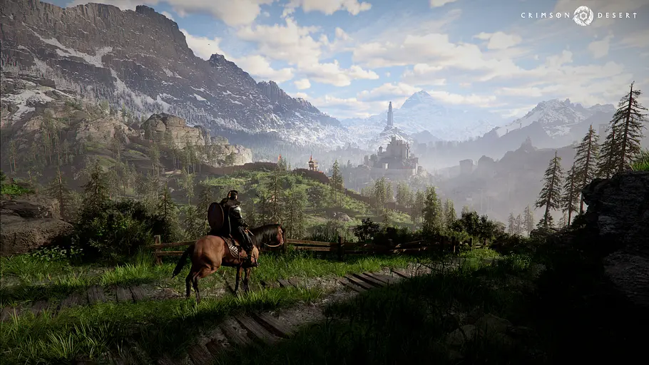 Die weite und üppige Landschaft von Crimson Desert während Kliff daran vorbereitet
