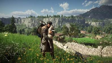 Die Hauptfigur von Crimson Desert steht auf einer Wiese und umarmt einen Hund - Foto: Pearl Abyss