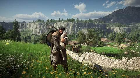 Die Hauptfigur von Crimson Desert steht auf einer Wiese und umarmt einen Hund - Foto: Pearl Abyss