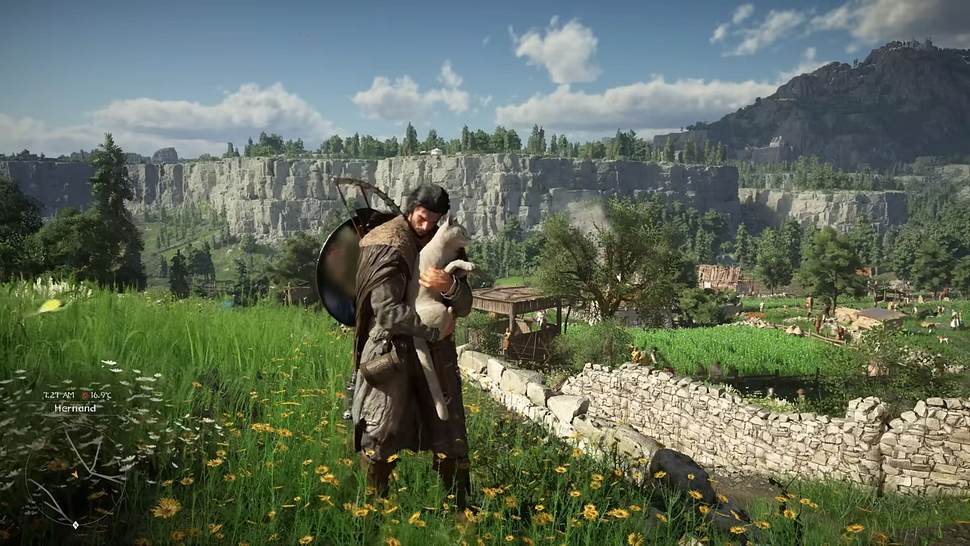 Die Hauptfigur von Crimson Desert steht auf einer Wiese und umarmt einen Hund - Foto: Pearl Abyss