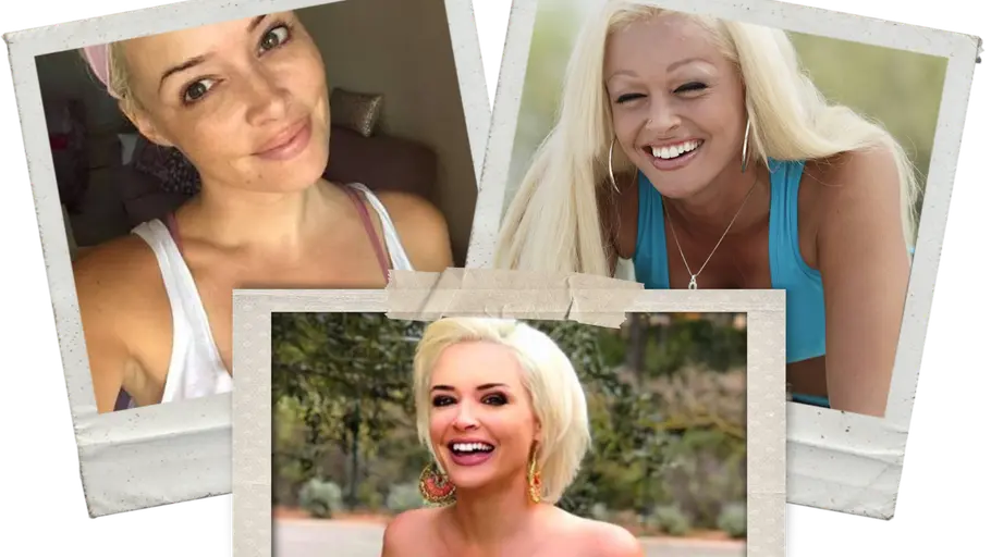 Daniela Katzenberger früher ungeschminkt, mit kurzen Haaren Drei überlappende, weiß gerahmte Fotos zeigen Daniela Katzenberger ungeschminkt, mit ihrem alten Augenbrauen-Spraytan-Look beim Sport und mit kurzen Haaren.
