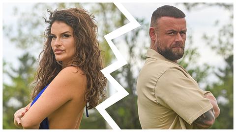 Links: Babu, rechts: Felix Davidson. Das Ex-Paar schaut mit ernstem Blick in die Kamera, die Arme verschränkt. - Foto: RTL