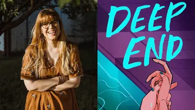 Eine Collage: Links sehen wir Ali Hazelwood lächeln und rechts das Cover von ihrem Buch Deep End. - Foto: Collage: Justin A. Murphy / Penguin Random House Eine Collage: Links sehen wir Ali Hazelwood lächeln und rechts das Cover von ihrem Buch Deep End. - Foto: Collage: Justin A. Murphy / Penguin Random House