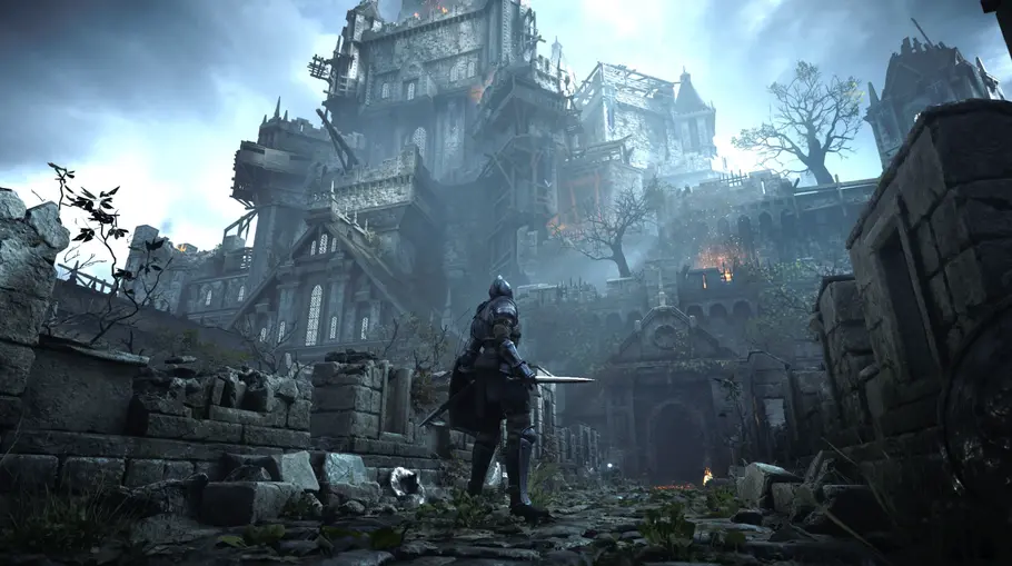 Demon's Souls auf PS5 Demon's Souls auf PS5 zeigt einen Ritter, der zu einer Burg hochblickt