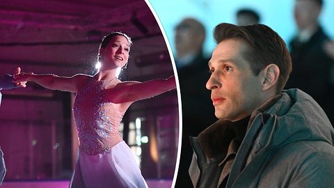 Collage: Charlie auf dem Eis mit ausgestreckten Armen und Deniz mit ernstem Blick. - Foto: RTL / Julia Feldhagen