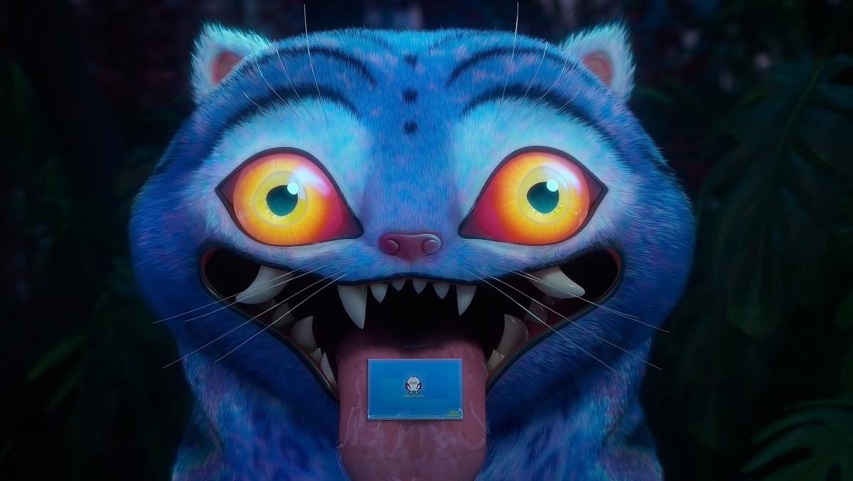 Der Katzendämon Derpy ist bei Fans besonders beliebt. Derpy streckt seine Zunge heraus, darauf liegt eine Karte.