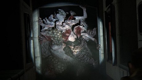 Eine aus mehreren Zombies bestehende Kreatur bricht durch eine Tür und wird von einer Taschenlampe beleuchtet. - Foto: Naughty Dog