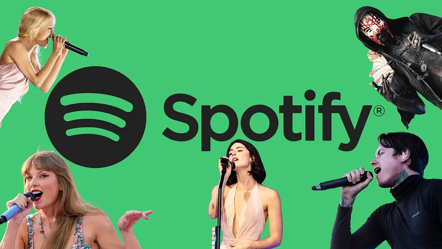 Spotify Wrapped Collage von Rosé, Taylor Swift, Gracie Abrams, Noah Sebastian und Vessel vor dem Spotify Logo