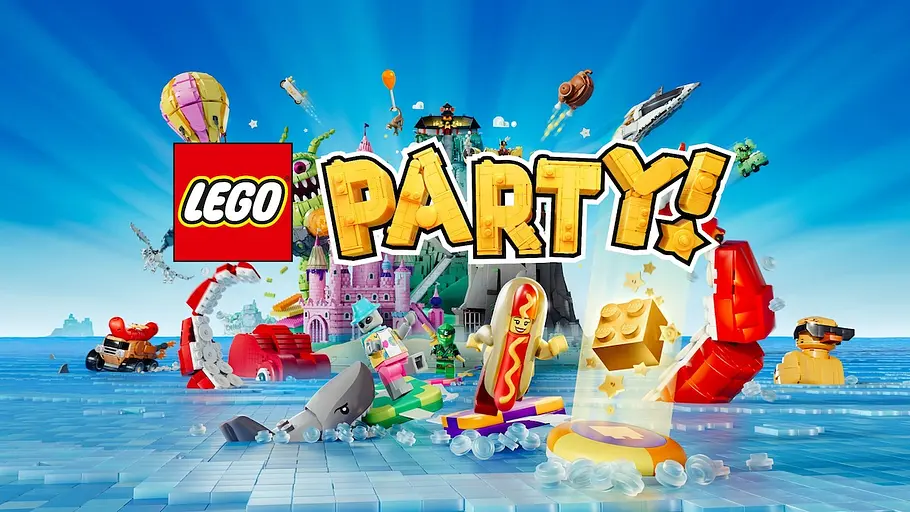 LEGO-Party LEGO-Party!-Logo mit bunten LEGO-Figuren und Fahrzeugen vor einer sommerlichen Strandkulisse.