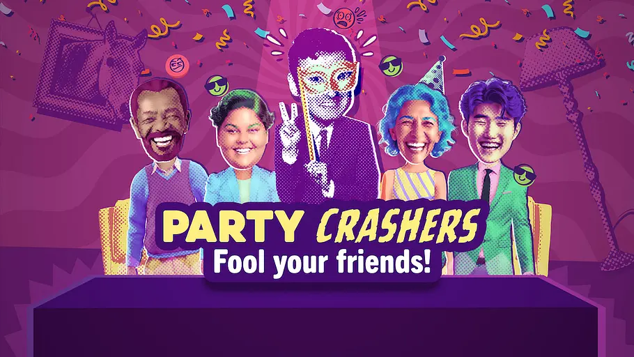 Party Crashers Party Crashers: Fool Your Friends-Logo mit fünf Personen vor einer bunten Party-Kulisse.