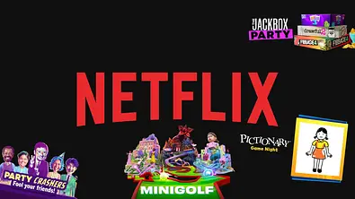 Collage von den Netflix Party Games - Foto: Collage: Netflix / Jackbox Games, Inc. / Mattel / TV Movie Collage von den Netflix Party Games - Foto: Collage: Netflix / Jackbox Games, Inc. / Mattel / TV Movie