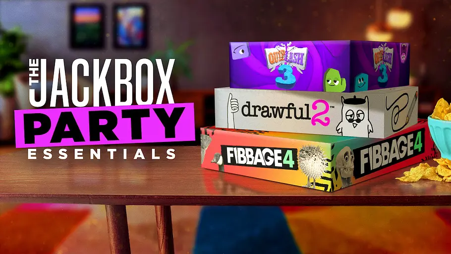 The Jackbox Party Essentials The Jackbox Party Essentials-Logo neben mehreren bunten Spieleschachteln von Drawful 2 und Fibbage 4 auf einem Tisch.
