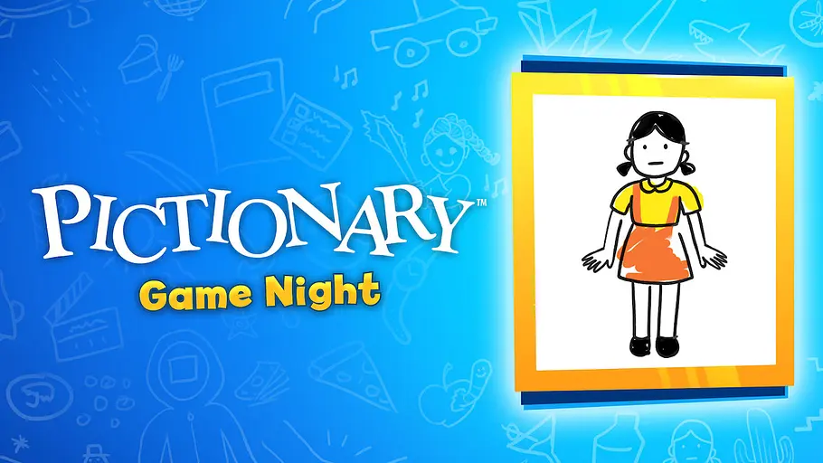 Pictionary: Game Night Pictionary: Game Night-Logo neben einer gezeichneten Figur auf einem Zeichenbrett vor blauem Hintergrund.
