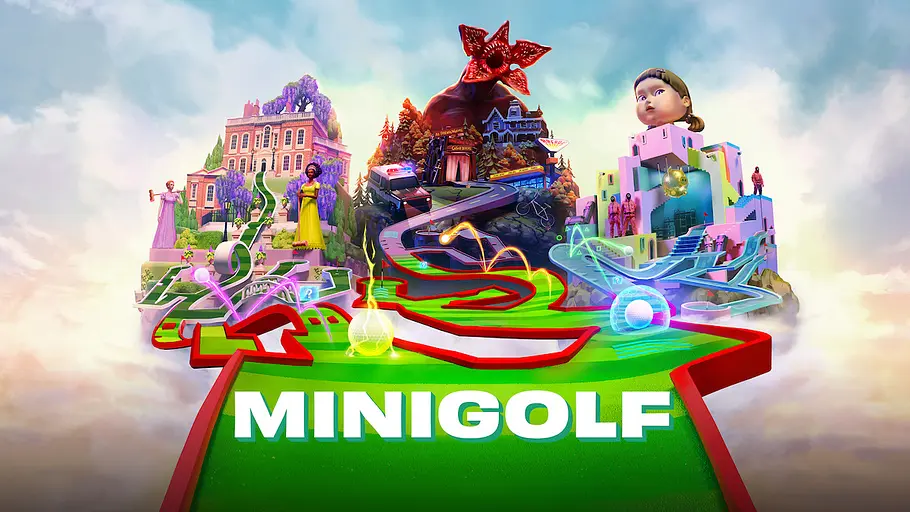 Netflix Minigolf Netflix Minigolf-Logo vor einer bunten Minigolf-Landschaft mit verschiedenen Themenwelten.
